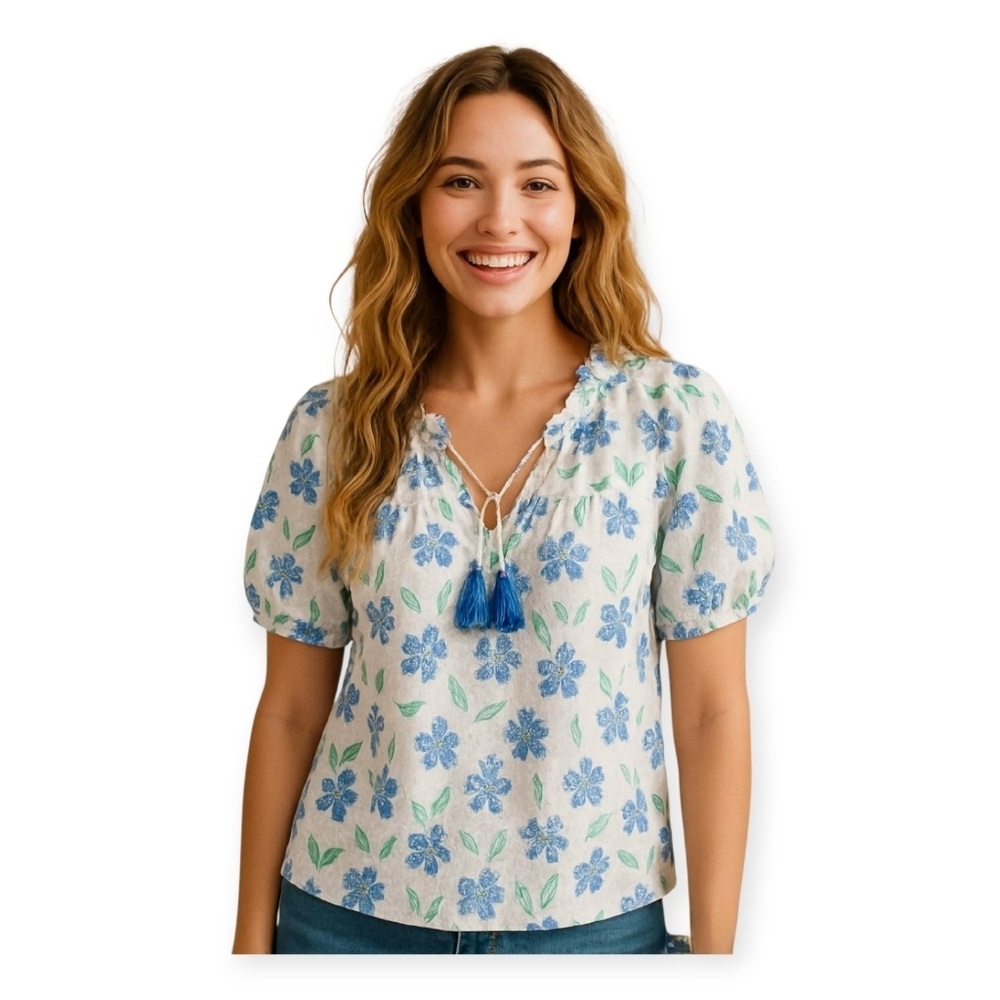 Romantic Boho White Eyelet Blouse Puff Sleeve Floral Top Medium Voy Chic
